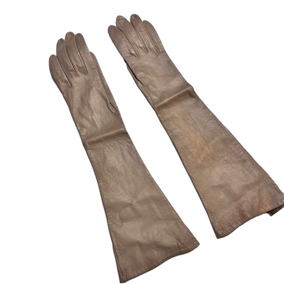 Vintage Taupe Kid Leather Elbow Length Long Gloves with Silk Lining - Picture 1 of 9